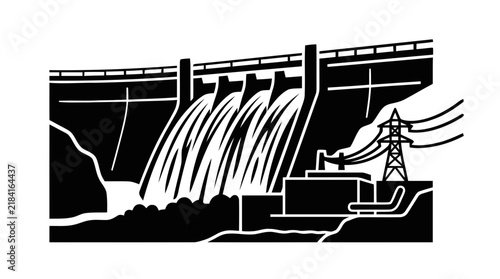 Vector illustration of hydroelectric dam with power plant and transmission tower on a transparent background