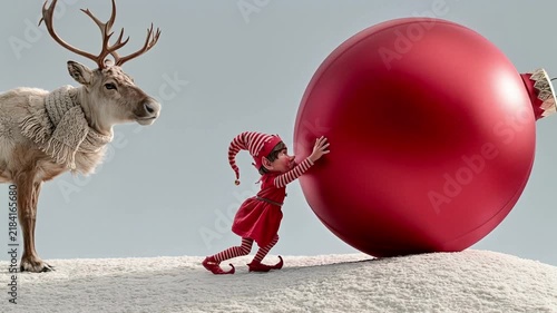 Christmas Elf with Reindeer Holding Festive Ornament Ball