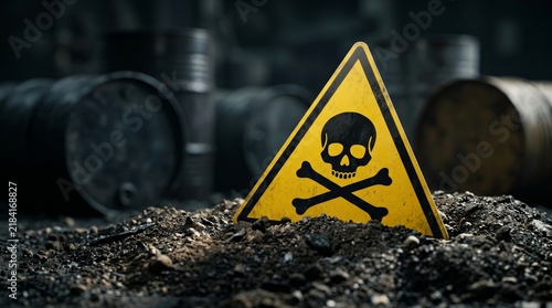 Toxic substance warning sign with skull and crossbones symbol in contaminated soil.