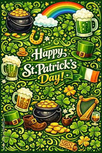 Colorful and festive St Patrick's Day greeting card with traditional Irish symbols and celebratory messages, ready for celebration and sharing.