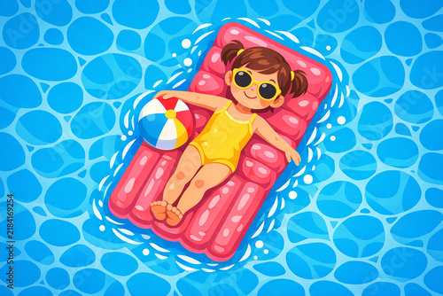 Colorful illustration of a girl in a swimsuit relaxing on a pink flotation device with a beach ball.