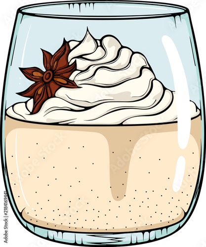 Glass of festive eggnog or cappuccino topped with whipped cream and star anise. Christmas drink. For menu, sticker. Simple vector color illustration with outline in hand drawn style isolated on white