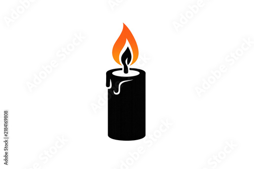 Candle with flame in black and white graphic.