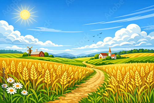 Rural countryside scene with sunlit path to farm. Wheat field ready for harvest. Windmill in distance. Sunrise in the background.
