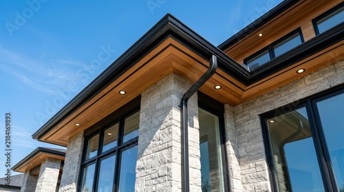 Modern house exterior with black gutters and wooden soffits against a blue sky.
