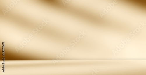 Empty brown cream beige room studio with shadow of leaves for product presentation. Autumn background. Summer tropical backdrop. Cosmetic showroom.