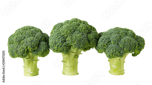 Cuadro en lienzo Isolated three fresh green raw broccoli heads with stems in a row, healthy vegetable food