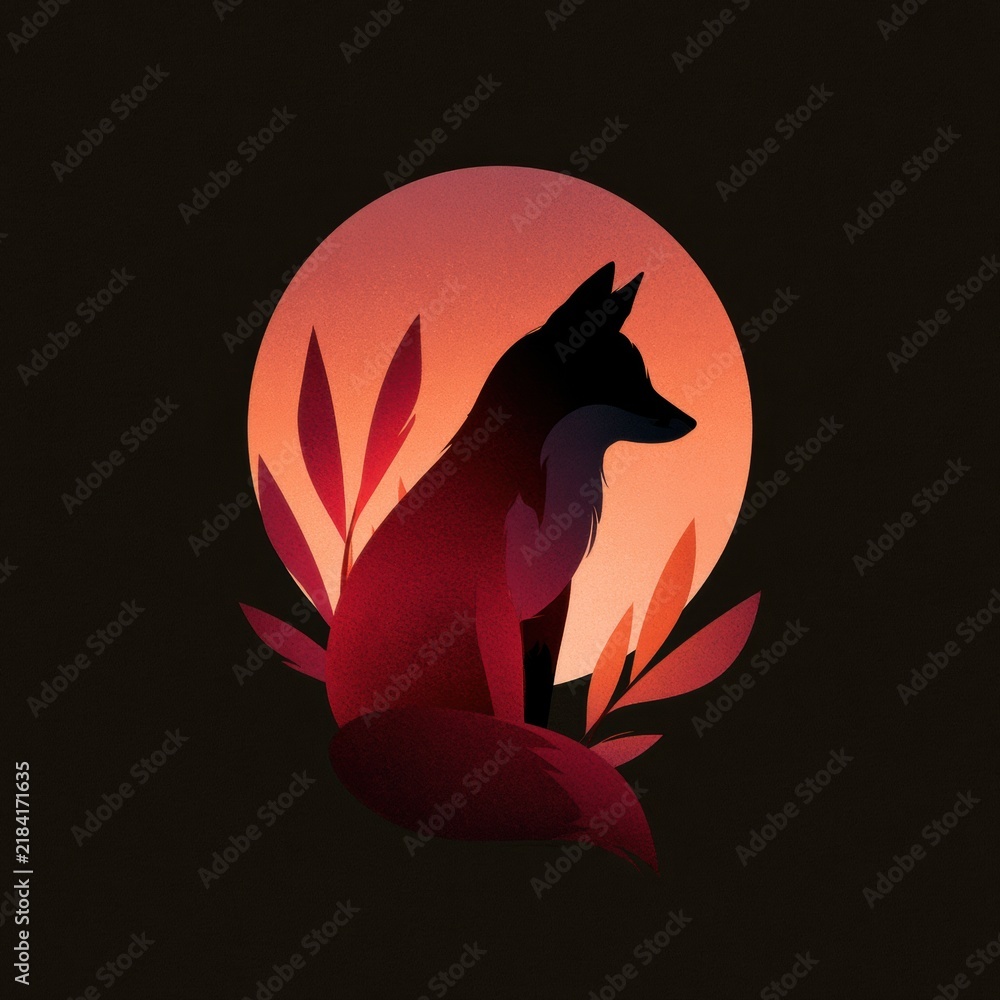 Fototapeta premium Fox silhouette stands out against glowing leaves in a dark setting during evening time.