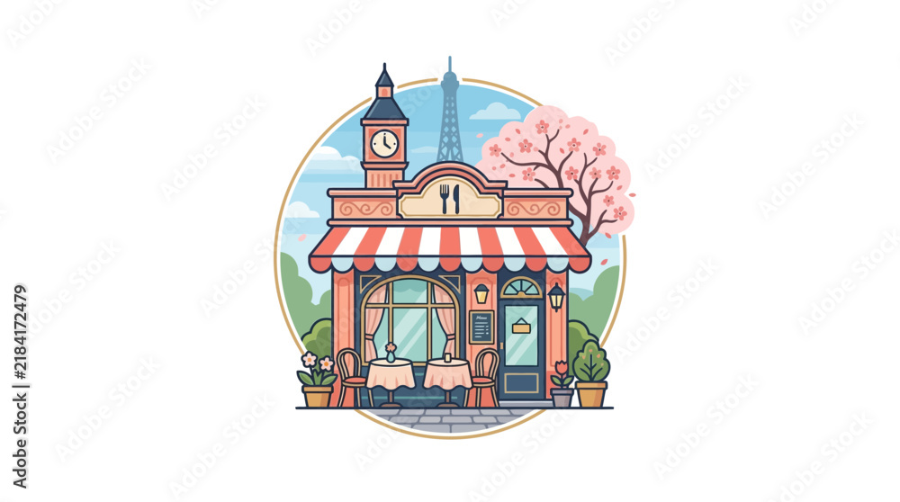 Fototapeta premium Charming cartoon illustration of a European cafe with a striped awning, outdoor seating, a clock tower, Eiffel Tower, and cherry blossom tree.