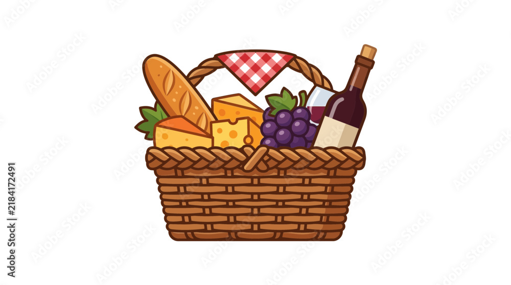 Obraz premium A charming illustration of a traditional picnic basket overflowing with gourmet food items like bread, cheese, grapes, and a bottle of red wine, perfect for an outdoor meal.