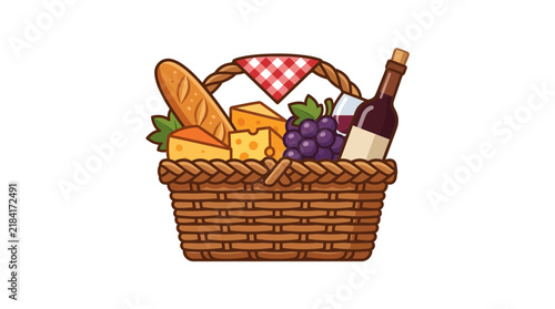 A charming illustration of a traditional picnic basket overflowing with gourmet food items like bread, cheese, grapes, and a bottle of red wine, perfect for an outdoor meal.