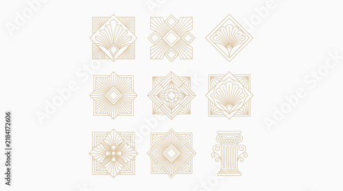 Art deco golden line emblems and column illustration on white background silhouette