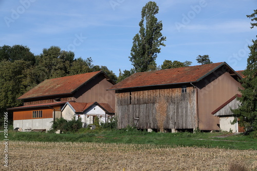 Bild auf Leinwand Bâtiments agricoles et granges en bois au bord d’un champ