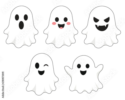 Fototapeta Five cute ghost faces with different expressions vector illustration