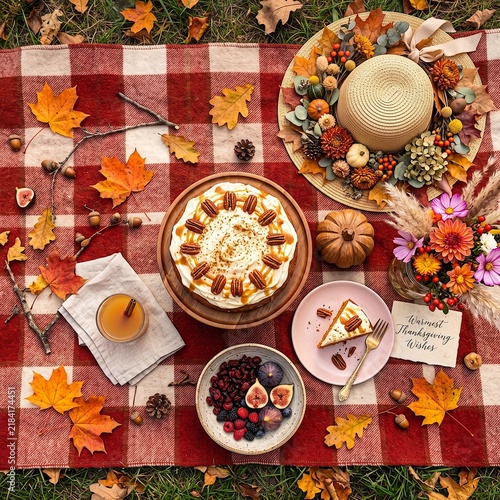 Thanksgiving Pumpkin Cake Picnic On Plaid Blanket With Autumn Leaves, Flowers And Cozy Table Setting
