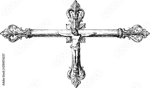 Ornate crucifix engraving with symmetrical fleur motifs for vintage religious background and design