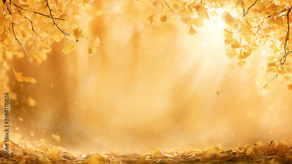 Obraz premium Golden Gingko tree branches in autumn, fallen yellow leaves on the ground in the forest, autumnal background sunbeams and copy space
