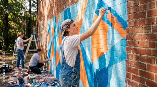 Young artists paint a vibrant geometric mural on an exterior red brick wall.