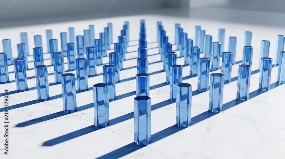 Obraz premium Grid of Transparent Blue Cylindrical Pillars Casting Long Shadows on a White Marble Floor Surface