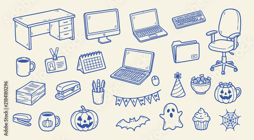 Collection of office and halloween themed doodle icons, including computer, desk, chair, laptop, pumpkin, ghost, and party decorations