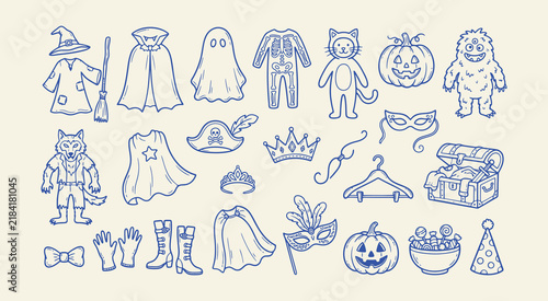 Set of halloween costumes and accessories, including witch hat, vampire cape, ghost, skeleton suit, masks, and candy bowl for trick or treat