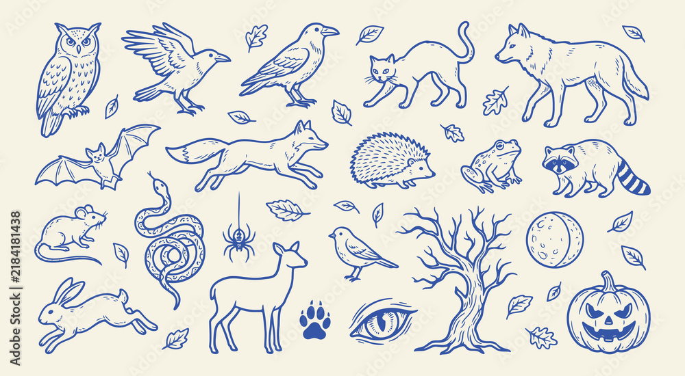 Fototapeta premium Collection of forest animals and nature elements, handdrawn vector doodles including owl, wolf, fox, raven, hedgehog, and spooky tree for design