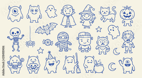 Set of cute halloween characters and spooky elements, handdrawn vector doodles including ghosts, monsters, pumpkins, and skeletons for holiday design