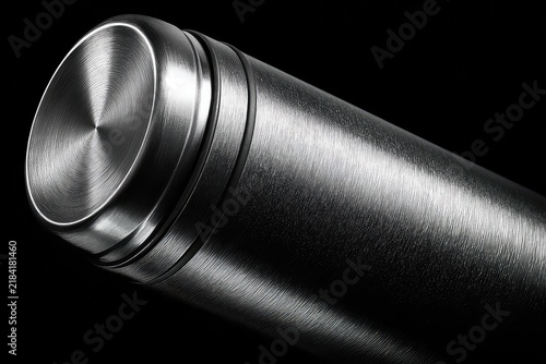 A high quality photo of a stainless steel thermos