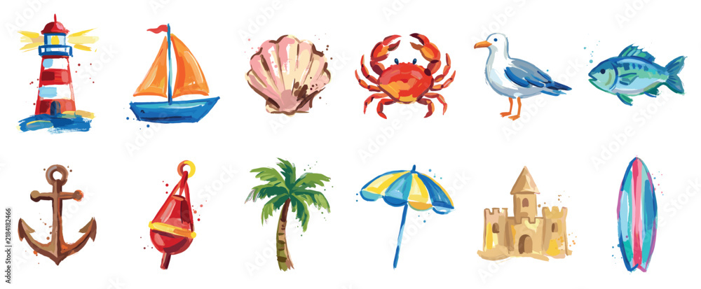 Obraz premium Summer beach icons set. Vacation and seaside holiday concept. Includes lighthouse, sailboat, seashell, crab, seagull, fish, anchor, buoy, palm tree, beach umbrella, sandcastle, surfboard