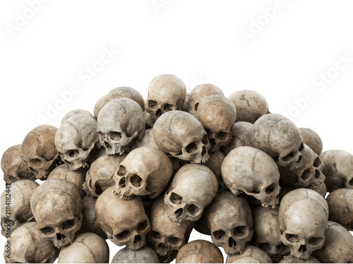 A large pile of human skulls isolated on transparent background