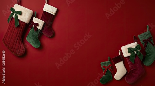 Festive christmas stockings hang on a vibrant red background with holiday greenery
