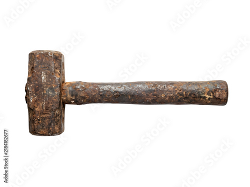 An old, heavily rusted metal sledgehammer with a thick, weathered handle isolated on transparent background