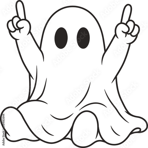 Cute cartoon ghost sitting and pointing both hands upward in a cheerful gesture with pointing cheerful Halloween character coloring illustration isolated whimsical creature positive bouncing