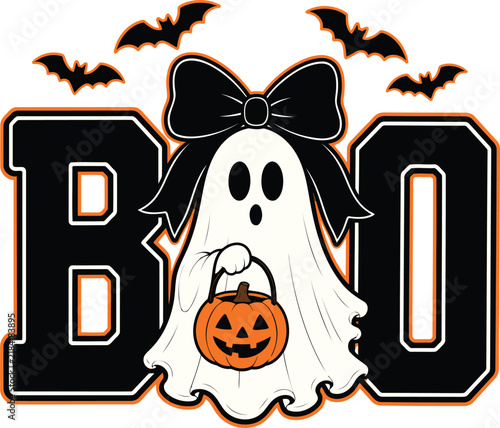 Cute cartoon ghost wearing a black bow holding a jack-o-lantern pumpkin with the word boo in the background Halloween illustration celebration character silhouette greeting seasonal isolated