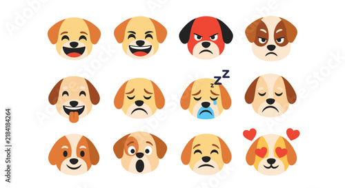 Collection of twelve dog emoji faces with various expressions such as happy, angry, sad, sleepy, surprised, and in love with heart eyes.