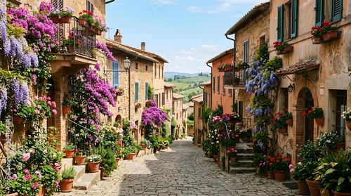Quaint Italian street with colorful flowers and old buildings