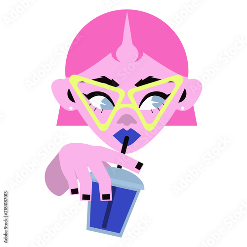 A stylish young woman in glasses is drinking a drink. Vector illustration