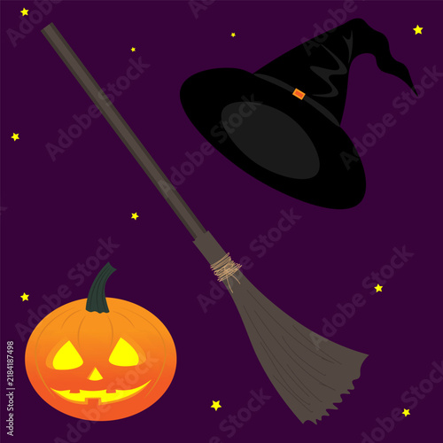 A pumpkin, a broom, and a black witch s hat. A Halloween set.