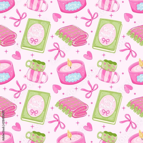 Cozy Winter Seamless Pattern with Book, Candle, Mug, Blanket, and Bows on White Background