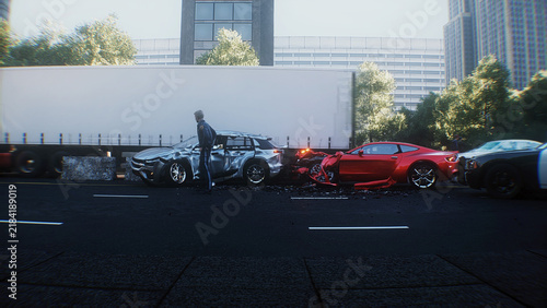 Car Accident on Busy City Street with Police Inspecting the Scene. 3d rendering.