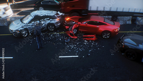 Car Accident on Busy City Street with Police Inspecting the Scene. 3d rendering.