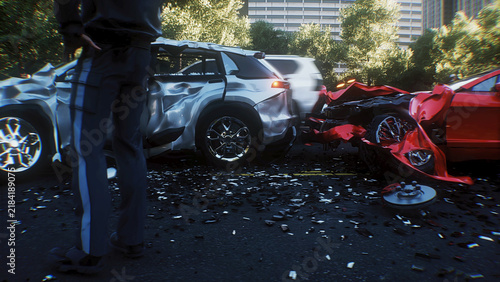 Car Accident on Busy City Street with Police Inspecting the Scene. 3d rendering.