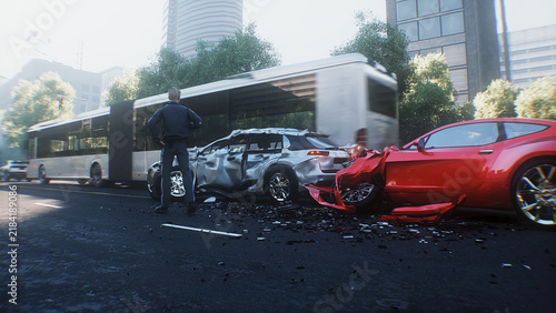 Car Accident on Busy City Street with Police Inspecting the Scene. 3d rendering.
