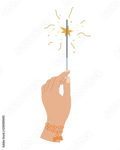 Beautiful female hand holding burning sparkler illustration. Elegant woman arm with festive New Year firework spark, Christmas holiday element. Minimalist line art drawing