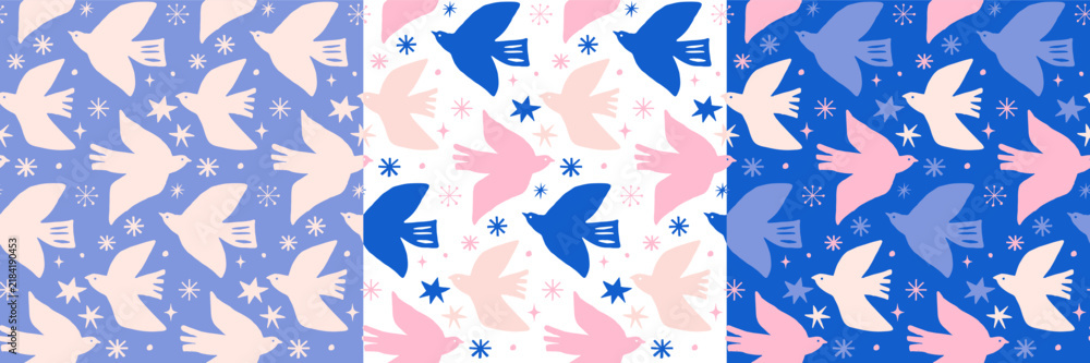 Fototapeta premium Blue, beige and pink seamless Christmas pattern with hand-drawn birds, stars and snowflakes. Scandinavian folk-art vector winter background