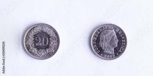 Картината върху платно Swiss 20 Rappen Coin Showing Both Sides on White Background