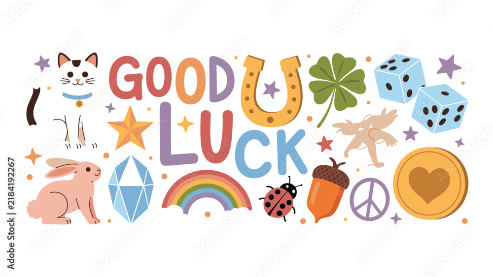 Naklejka premium Good Luck Symbols Collection: A vibrant illustration featuring various symbols of good fortune, including a lucky cat, horseshoe, four-leaf clover, dice, rabbit's foot, diamond, rainbow, ladybug.