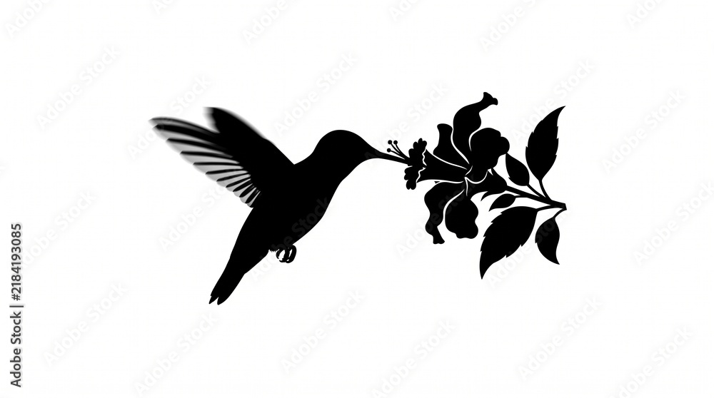 Fototapeta premium Black silhouette of a hummingbird hovering and feeding from a blooming tropical flower isolated with small hummingbird flight flower white background illustration minimalist decoration botanical