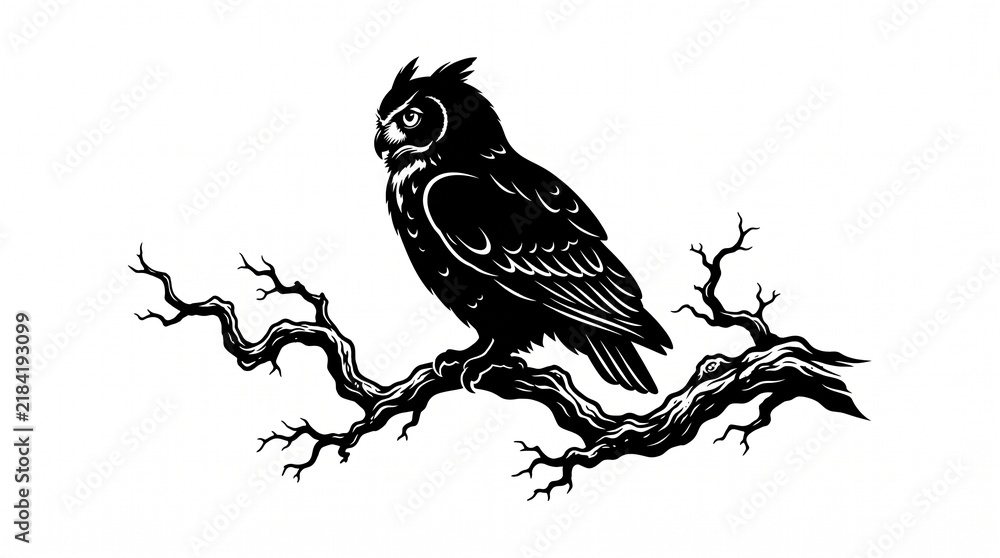 Fototapeta premium A black and white graphic illustration of an owl perched on a bare tree branch with stylized black silhouette against white background sits detailed bare monochrome minimalist decorative feather