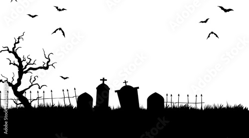 spooky cemetery scene outline with bare tree tombstone bat and fence for halloween background illustration